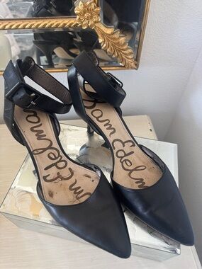 Sam Edelman Black Pointed Ankle-Strap Pumps with Buckle